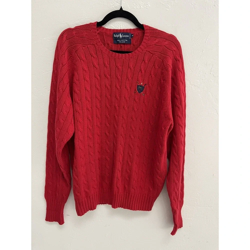 Polo golf Ralph Lauren Sweater Mens Medium Red Cable Knit Crew Vintage Pretty